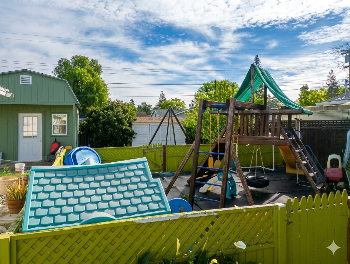 Wooden playground equipment with swings and slides in a backyard