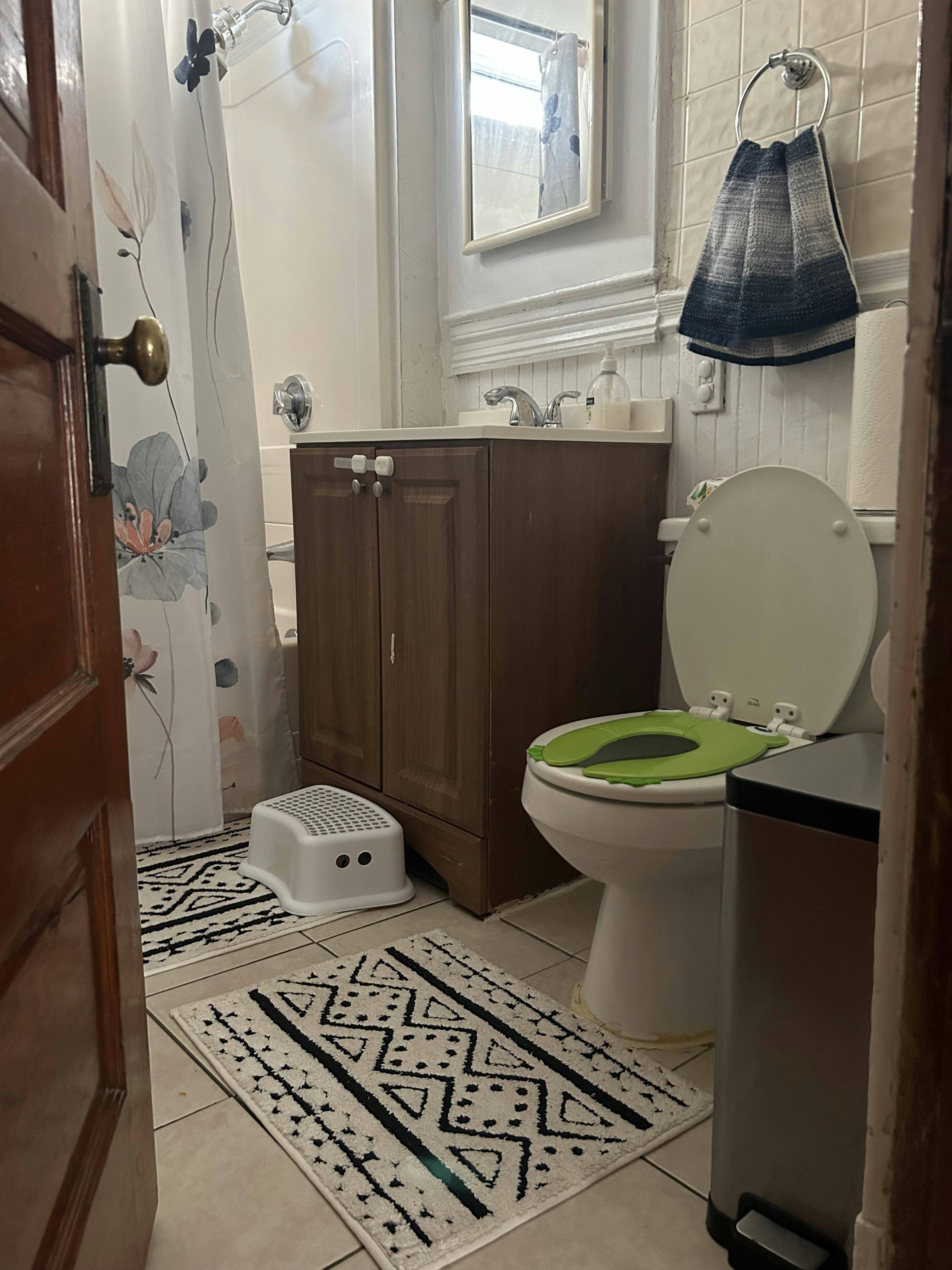 Bathroom with toilet, vanity, shower, and patterned rugs