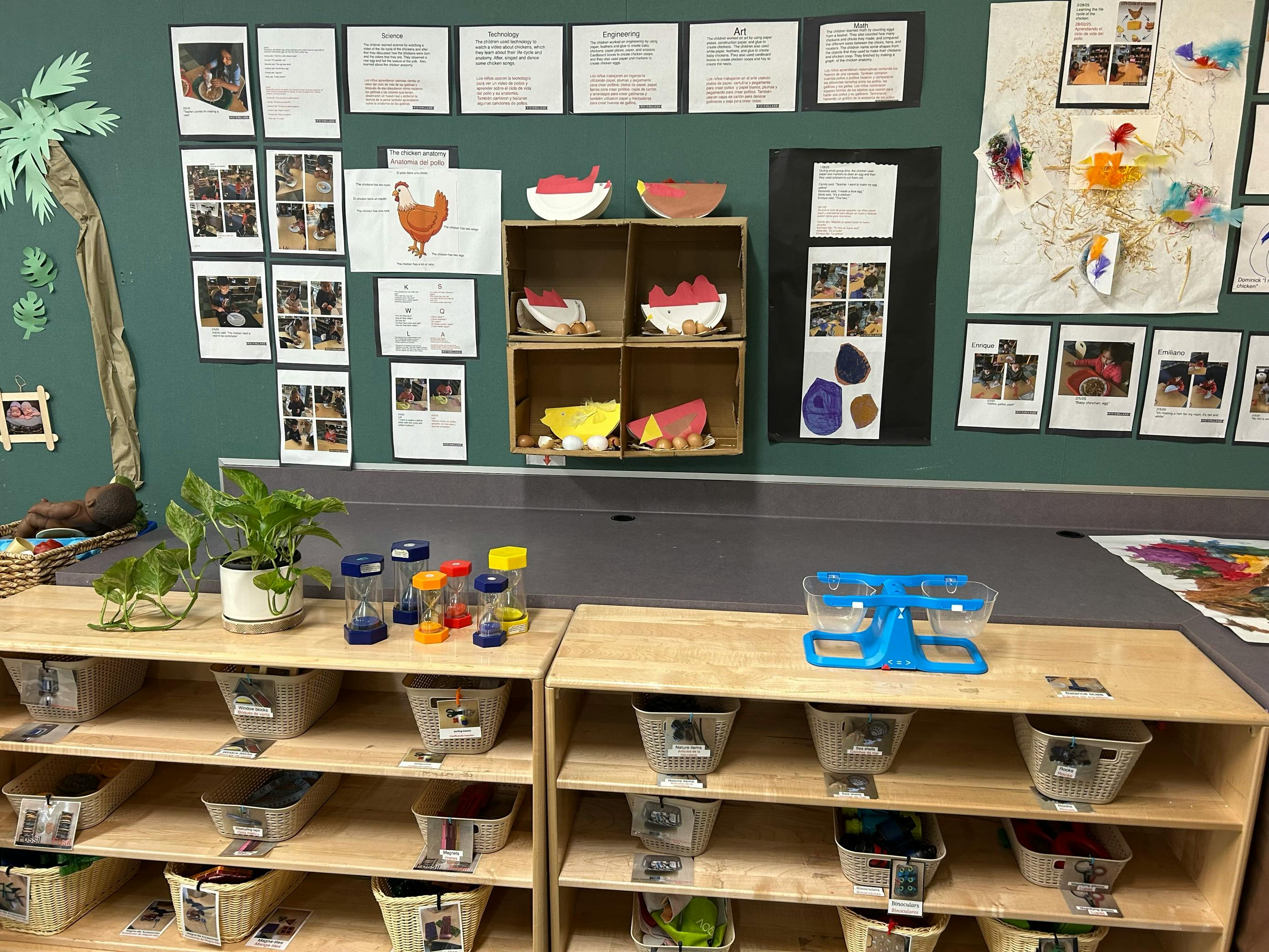 Classroom with shelves of materials and displays on the wall