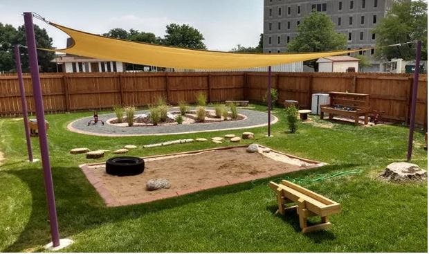 Outdoor play area with sandpit, garden, and shade sail