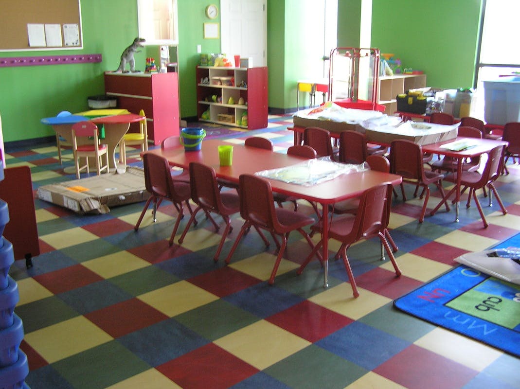 Classroom with small tables and chairs