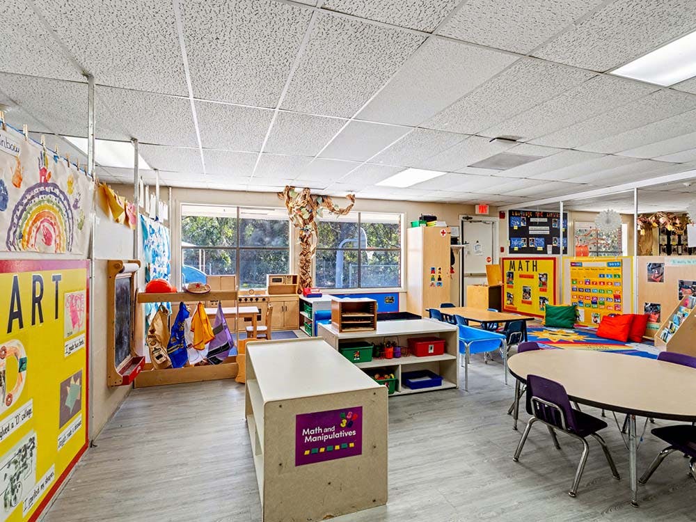 Empty classroom with colorful educational posters and small tables and chairs