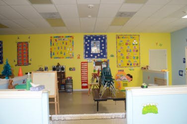 Empty classroom with yellow walls and colorful decorations