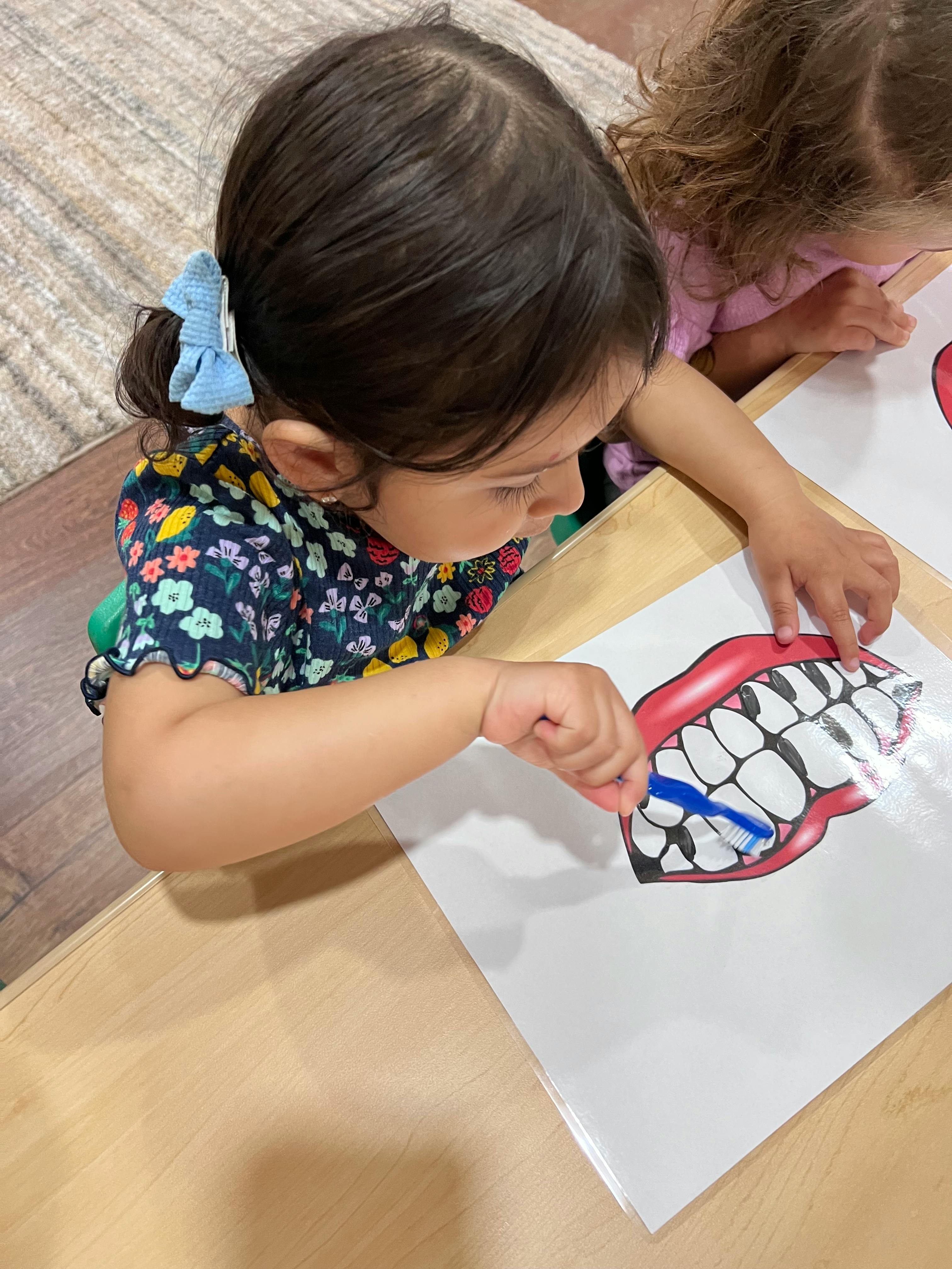 Child brushing teeth on a diagram