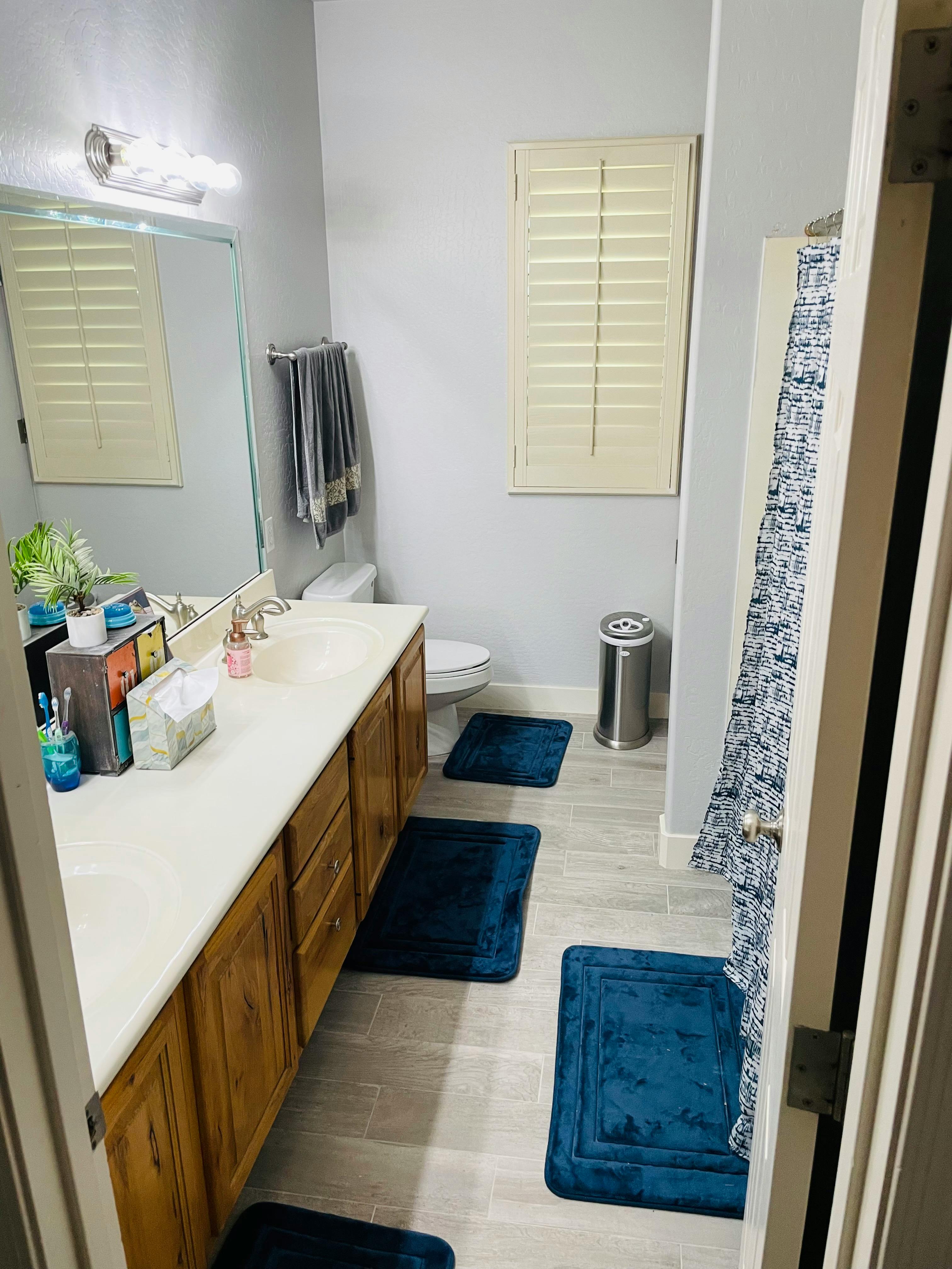Bathroom with a long vanity, toilet, and blue bath mats