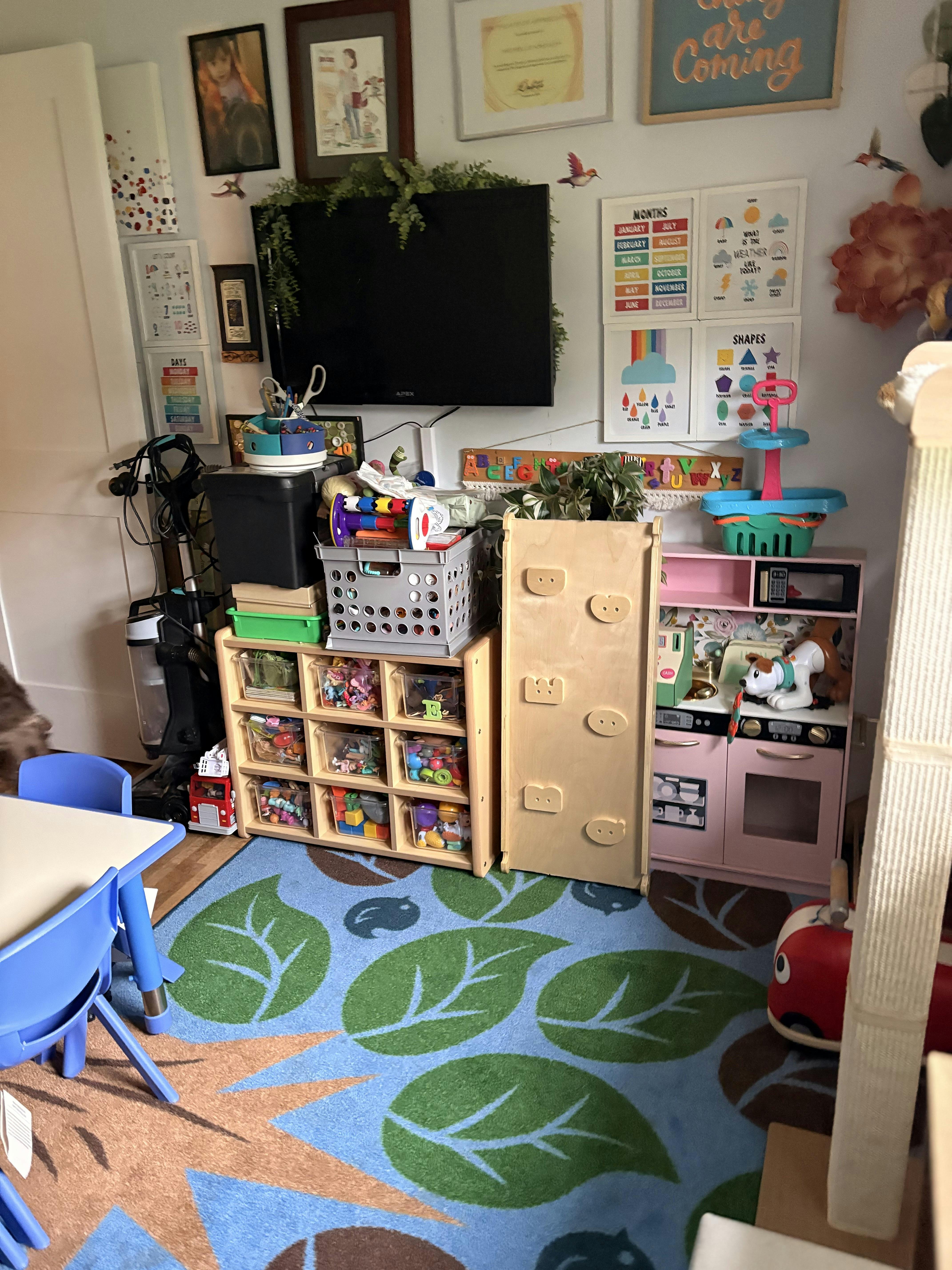 Playroom with toy storage bins, a play kitchen, and a leaf-patterned rug
