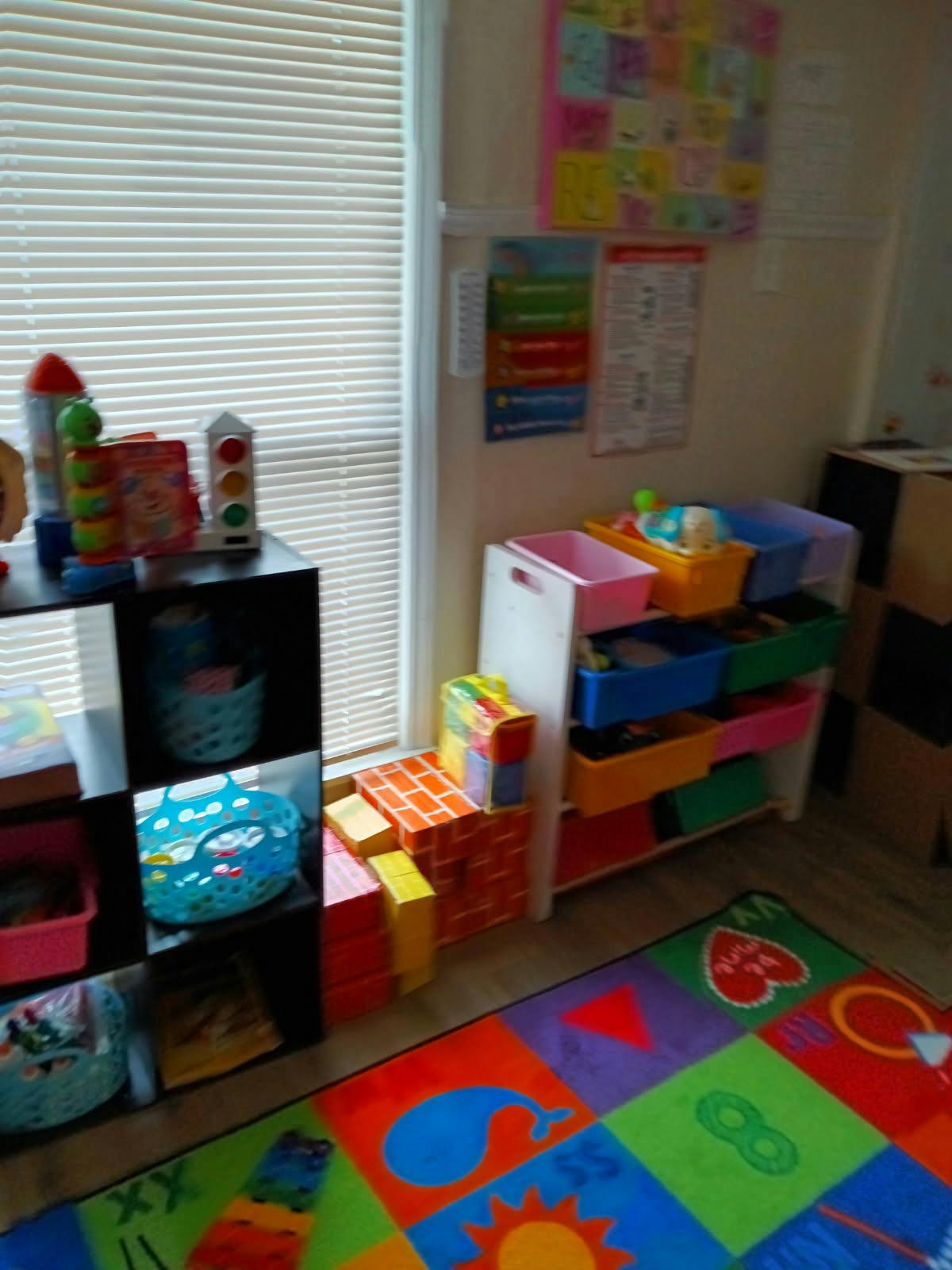 Playroom with toy storage, colorful rug, and window blinds