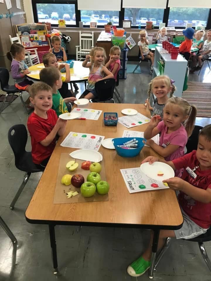 Children at tables with apples and paper plates