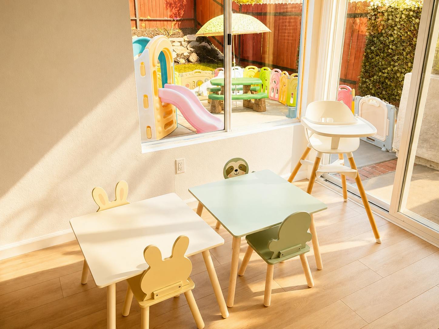 Small tables and chairs for children in a room with a view of a backyard play area