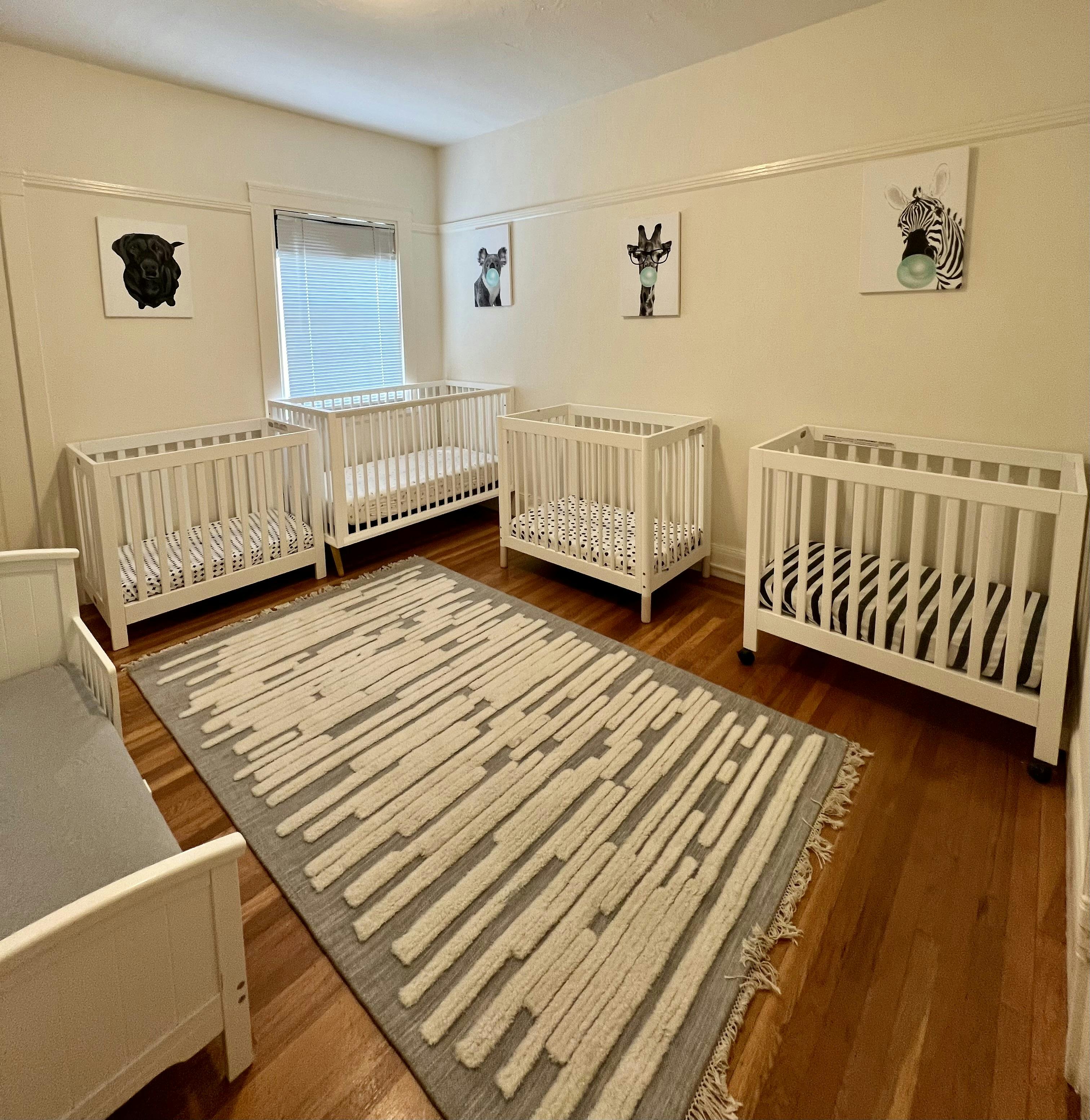 Room with multiple white cribs and a rug on a wooden floor