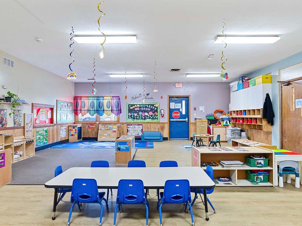 Empty classroom with small tables and chairs