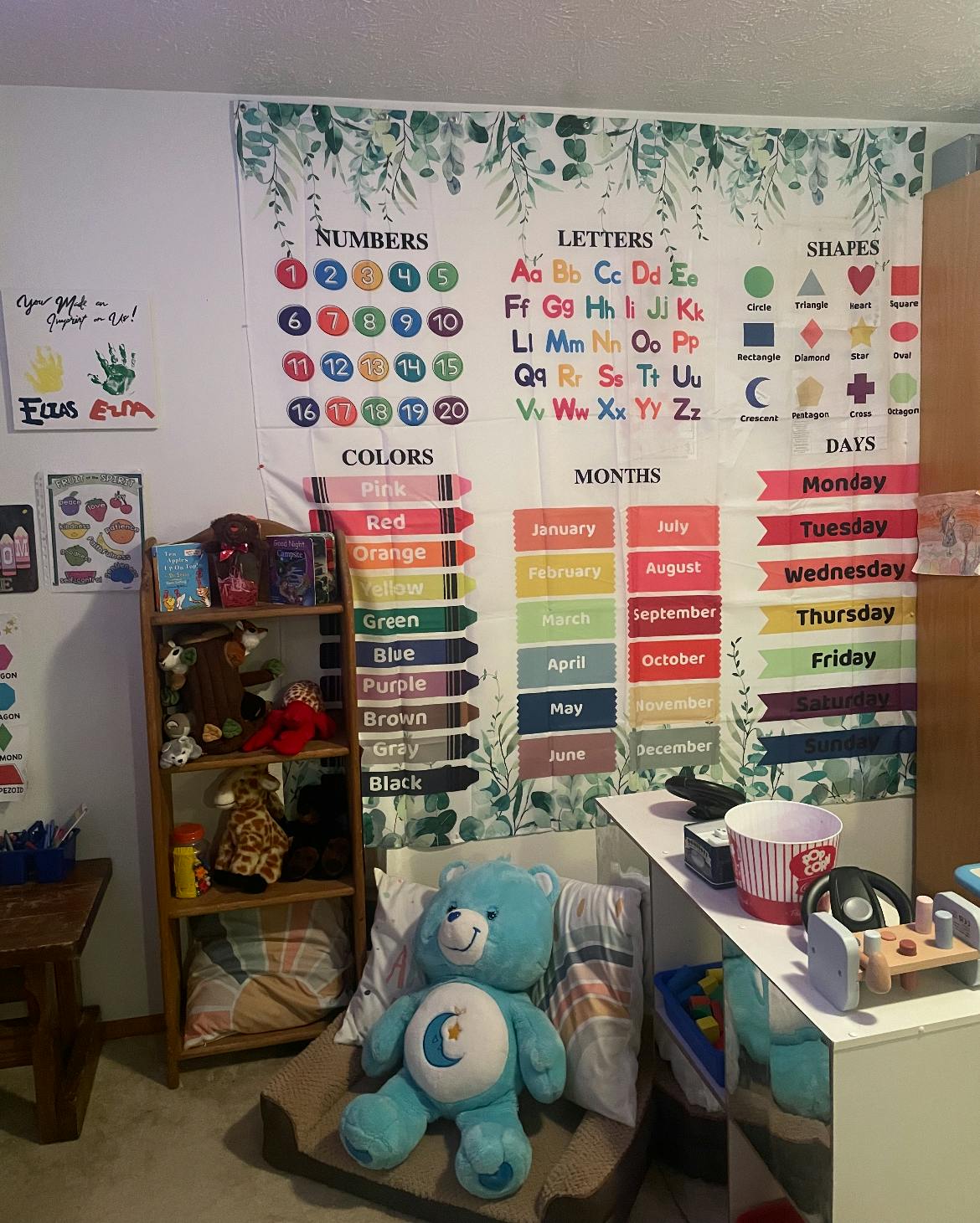 Educational wall chart with numbers, letters, shapes, colors, months, and days