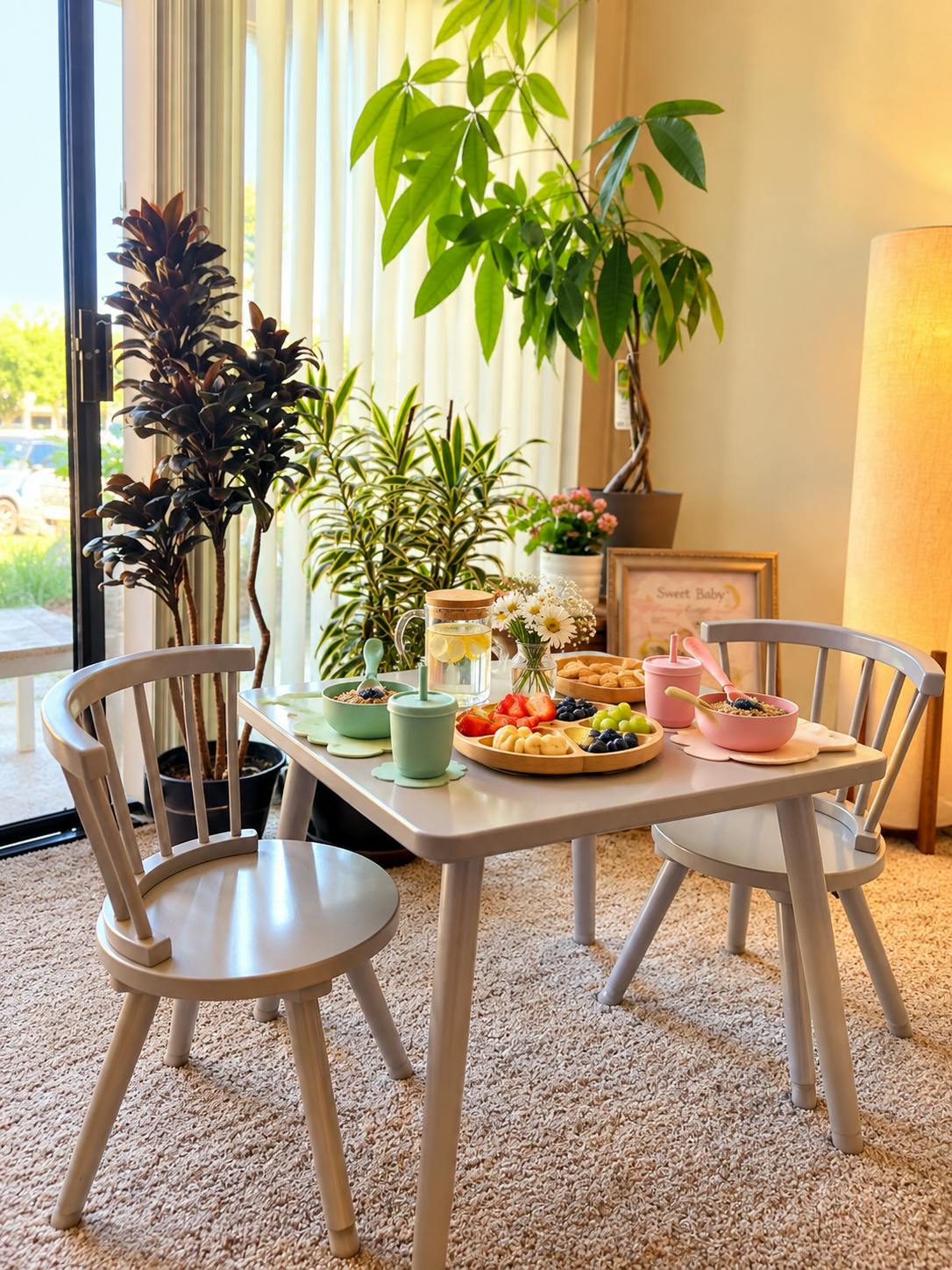 Small table with bowls of food and fruit set for two