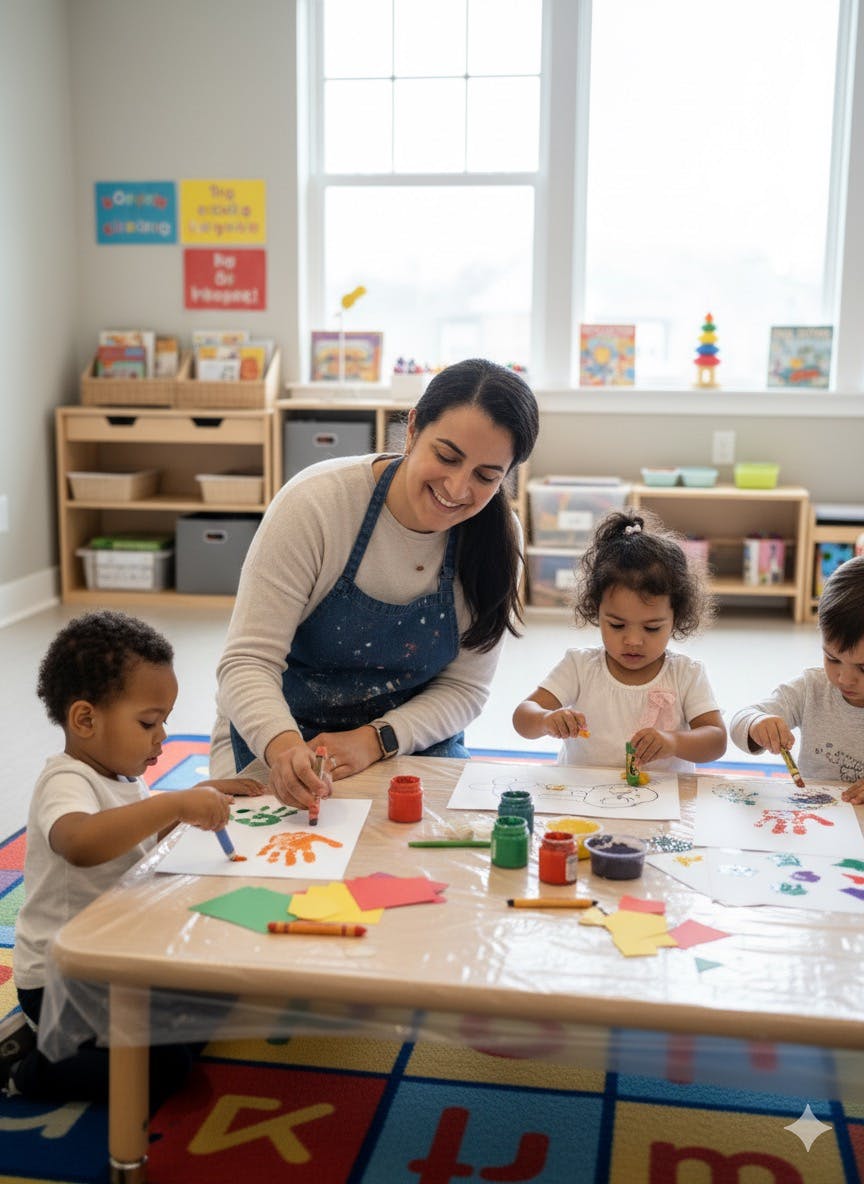 Adult and three children painting and drawing at a table