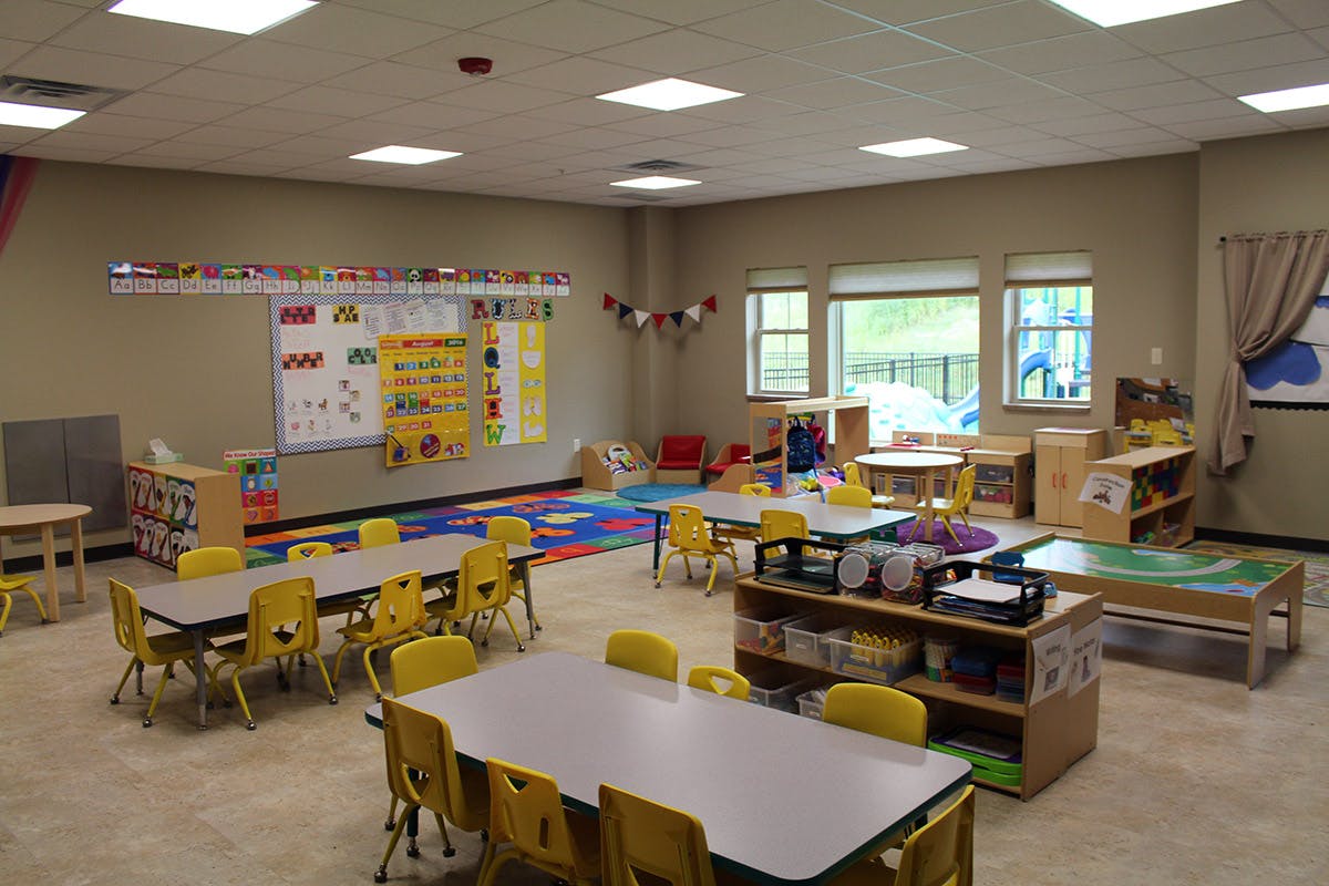 Empty classroom with small tables and chairs