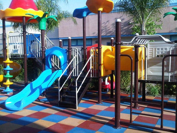 Playground with slides and climbing structures