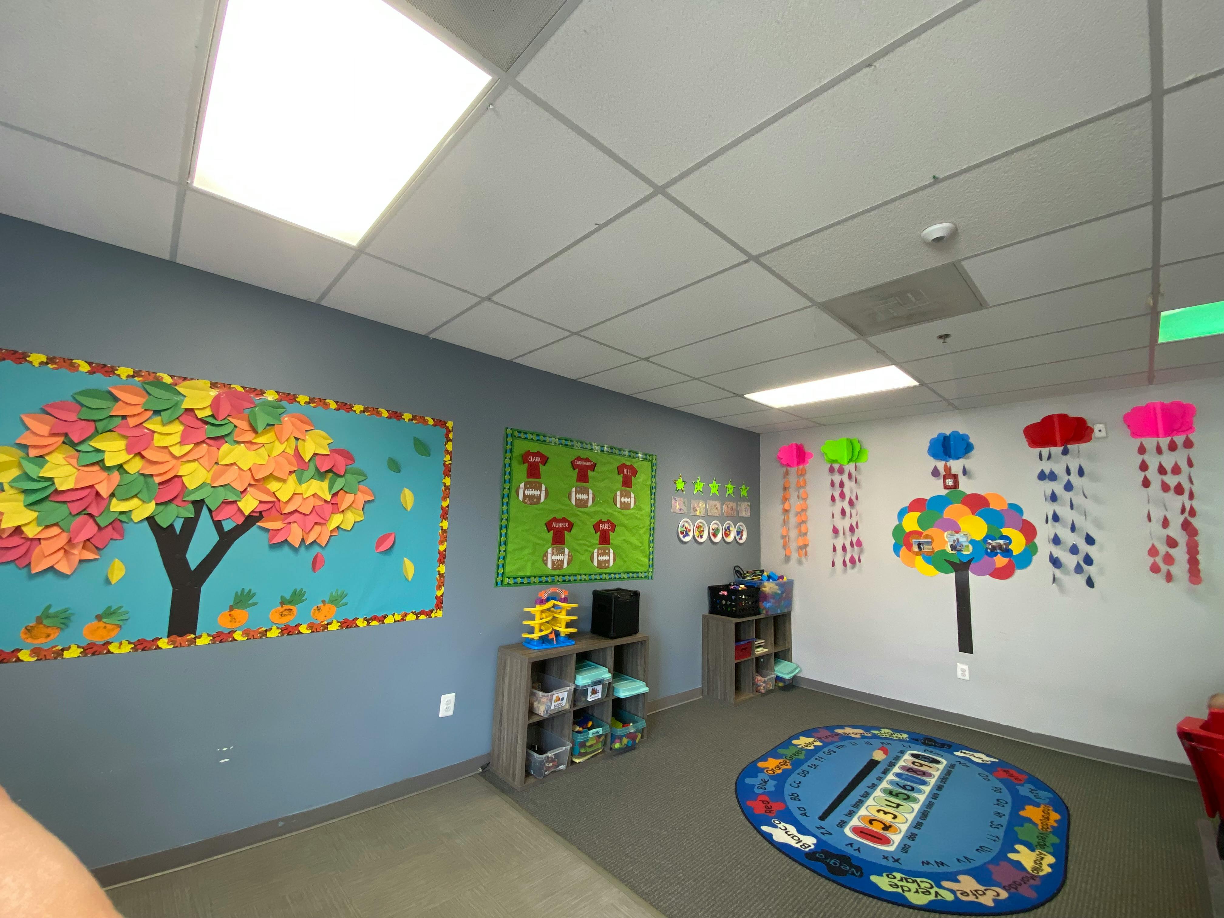 Classroom with bulletin boards and decorations