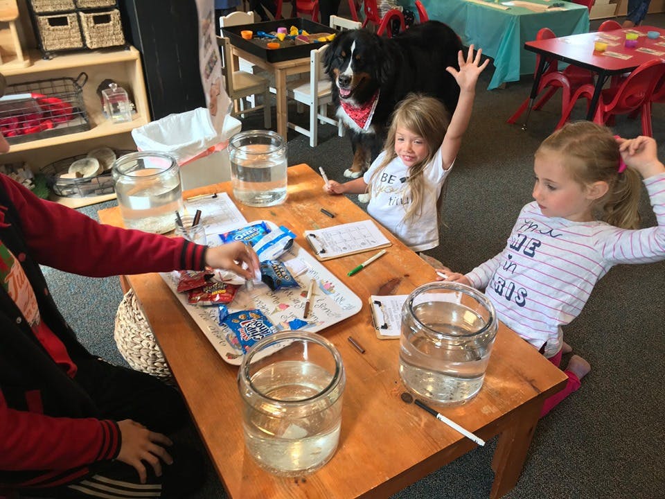 Two children and an adult at a table with jars of water and a dog