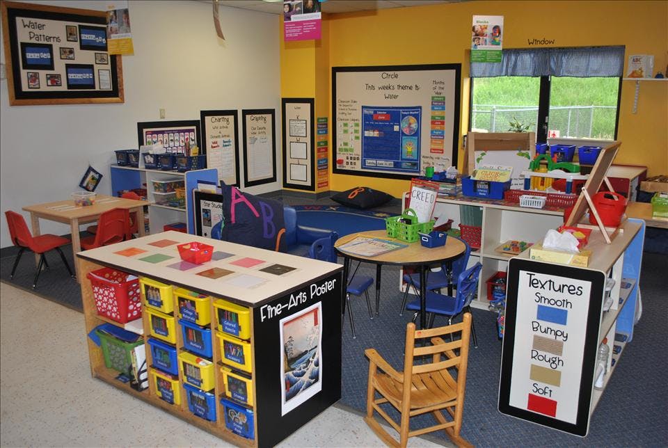 An empty classroom with various learning stations and displays
