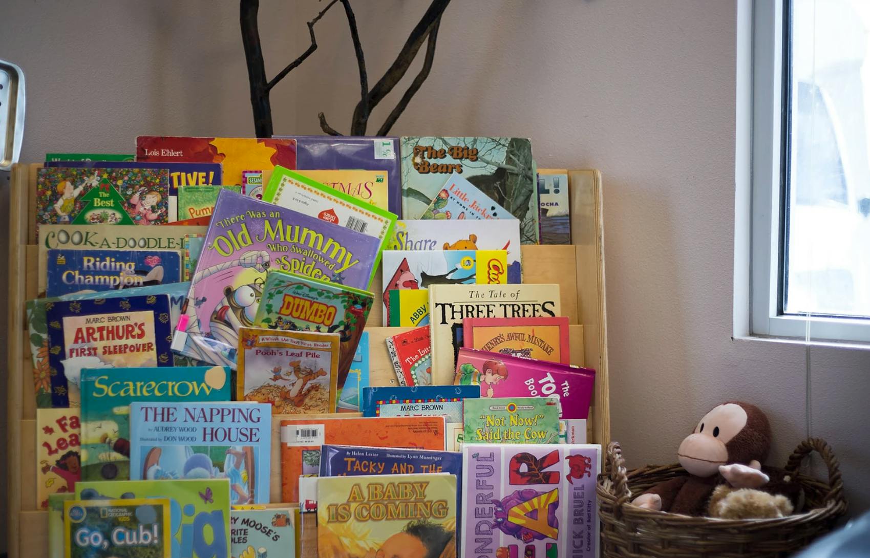 Children's books displayed on a wooden shelf