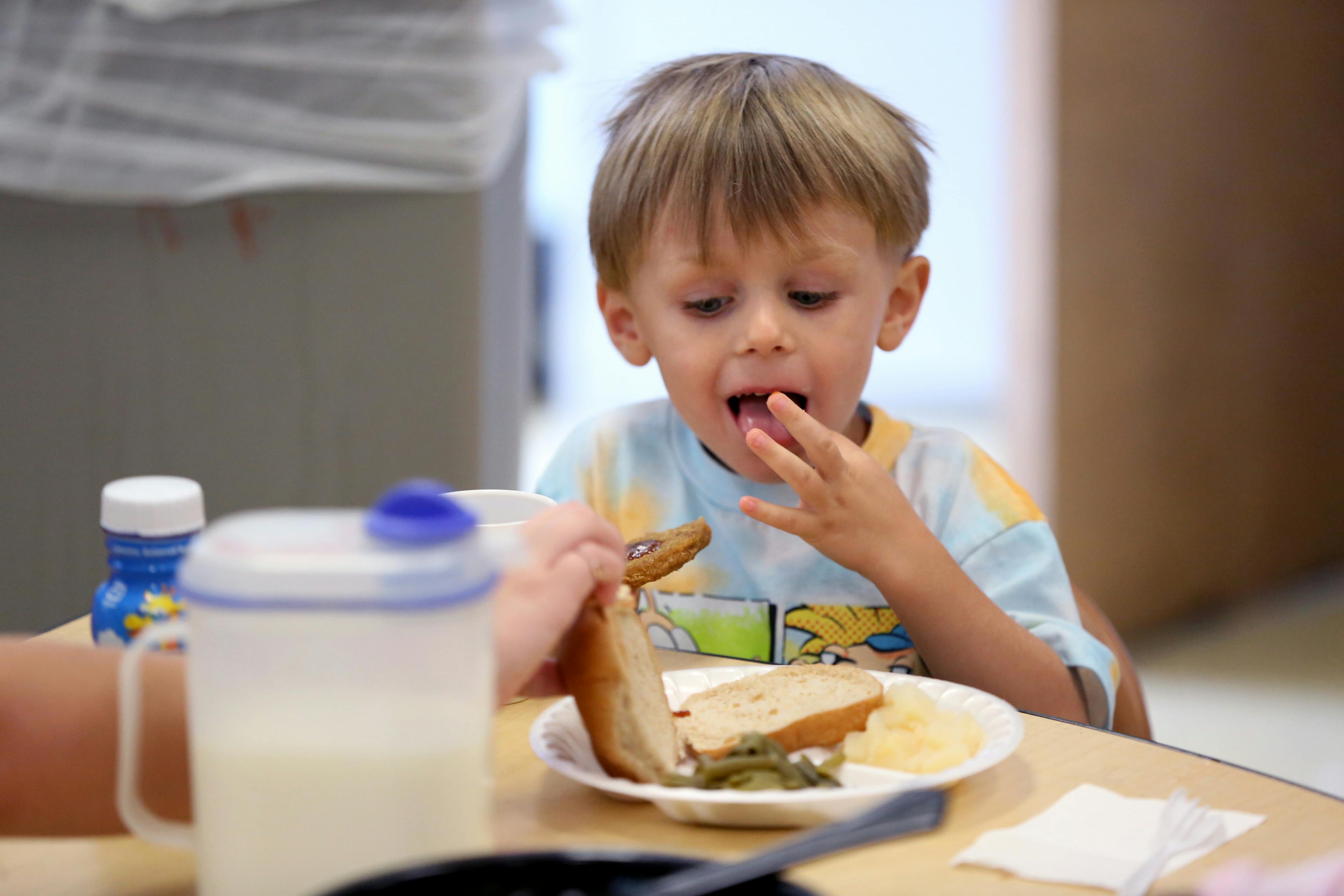 Child eating a sandwich at a table