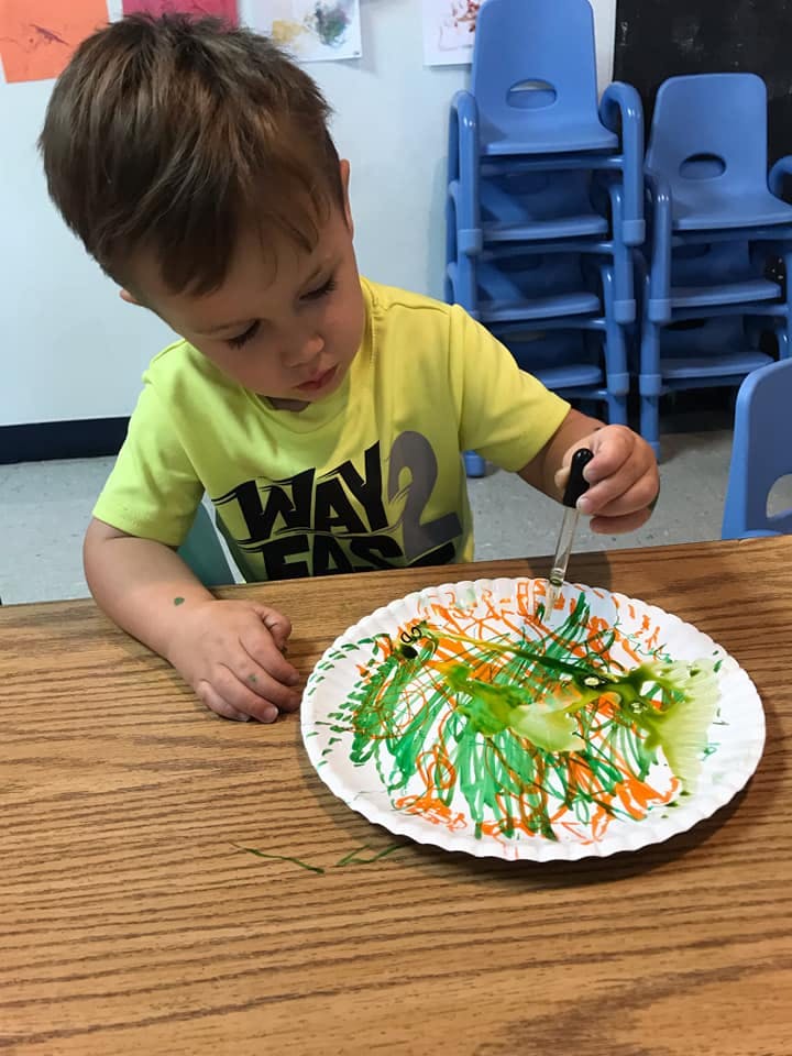 Child using a dropper to add liquid to a paper plate with green and orange lines