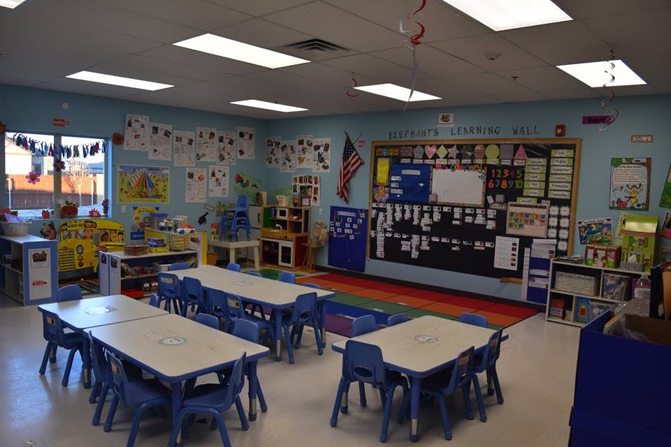 Classroom with small tables and chairs, decorated walls