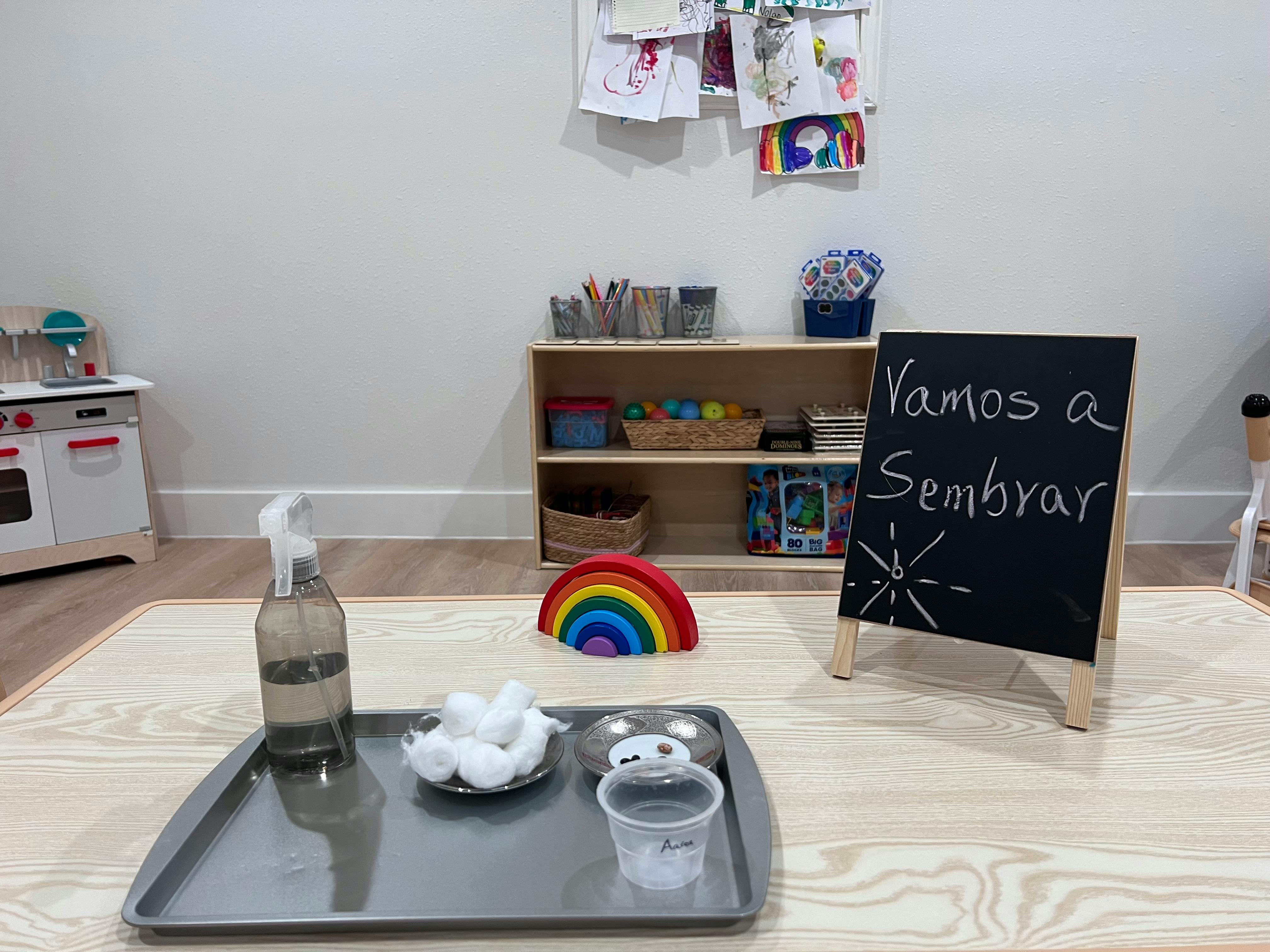 Tray with spray bottle, cotton balls, and cups, next to a chalkboard