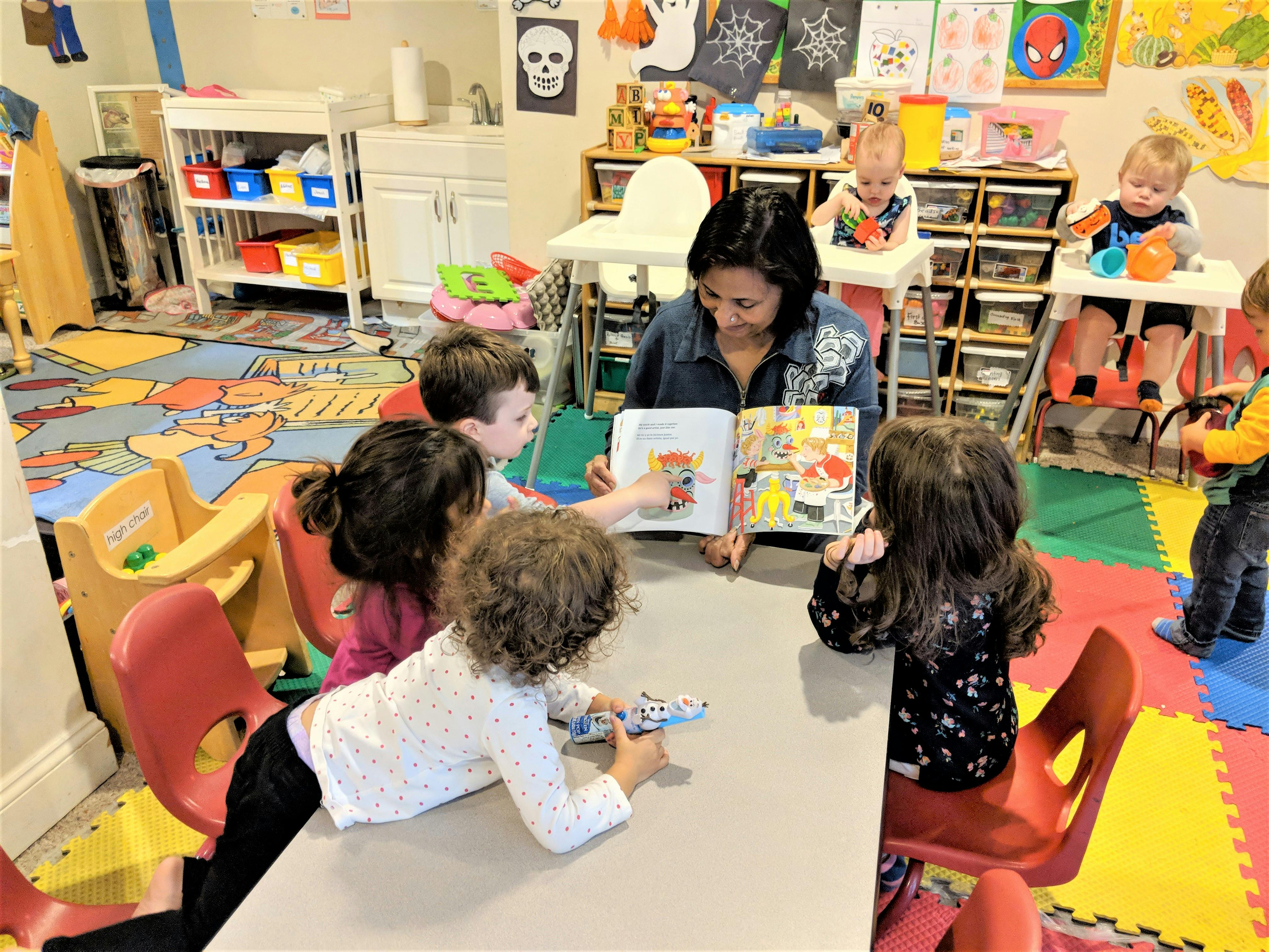 Adult reading a book to children in a classroom