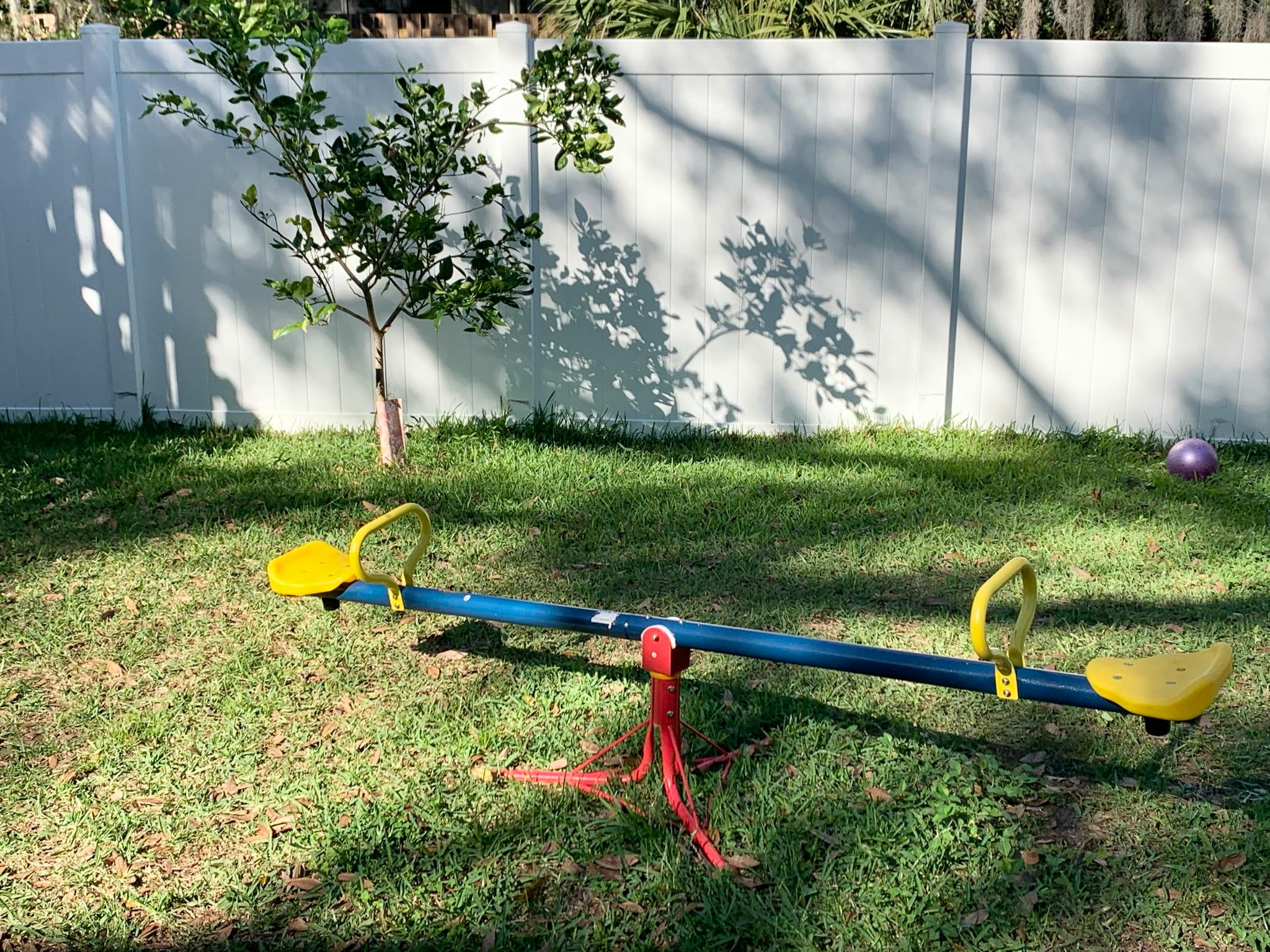 Blue and yellow seesaw on green grass