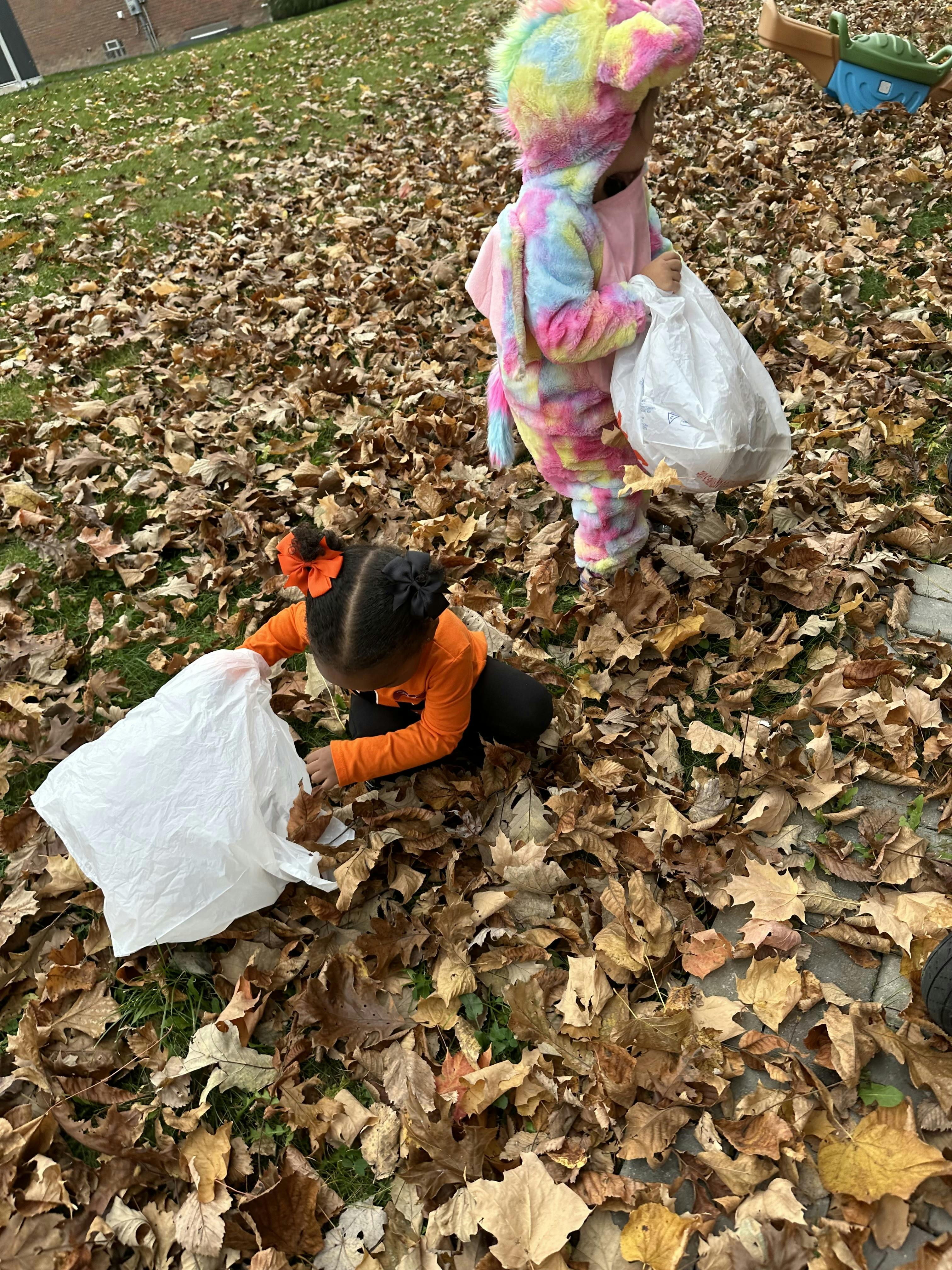 Two children collecting leaves in bags