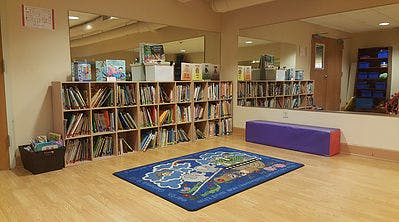 Bookshelves with books, a blue rug, and a purple bench in a room