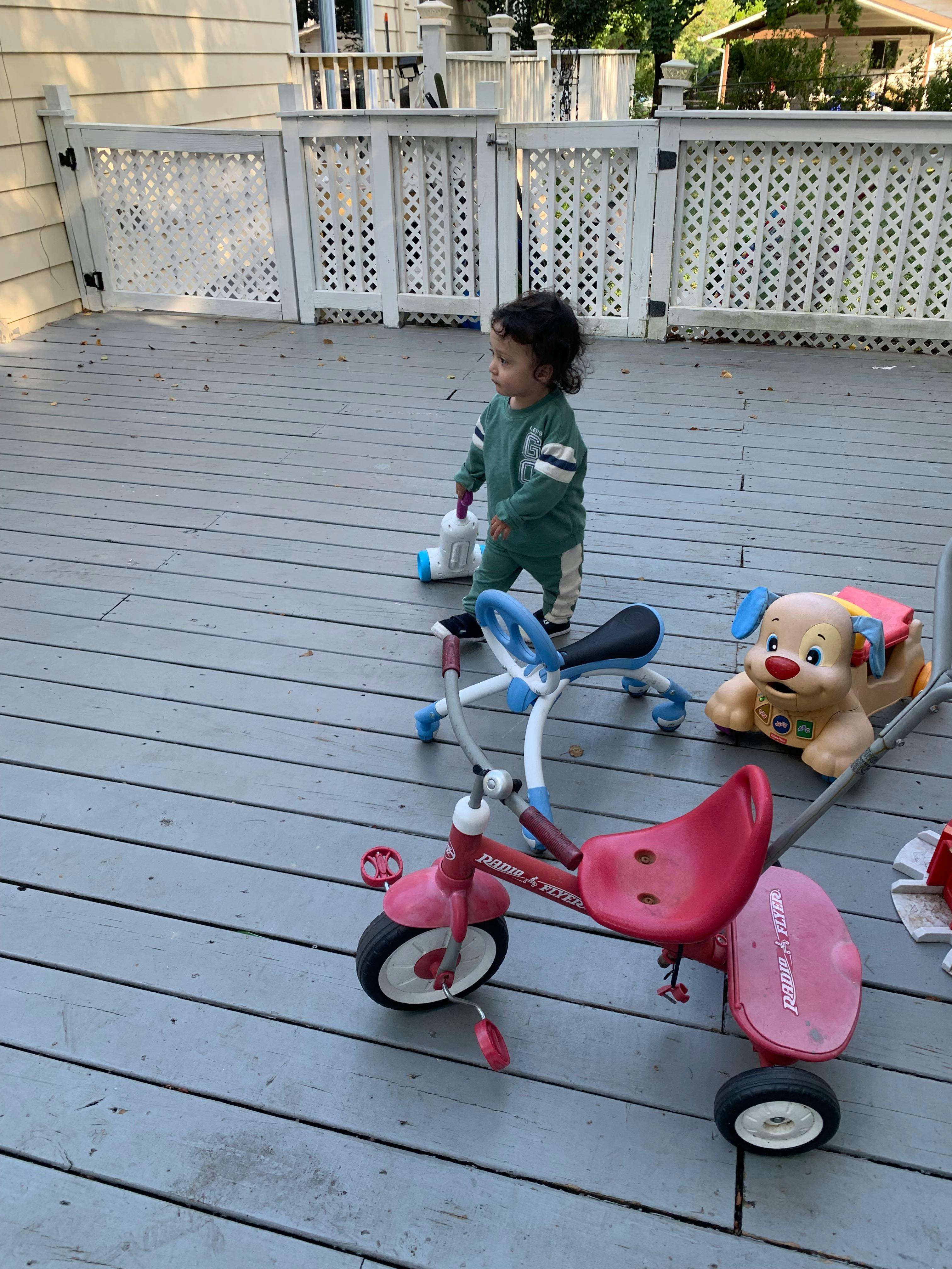 Child standing on a deck with a tricycle and toy dog-shaped toy
