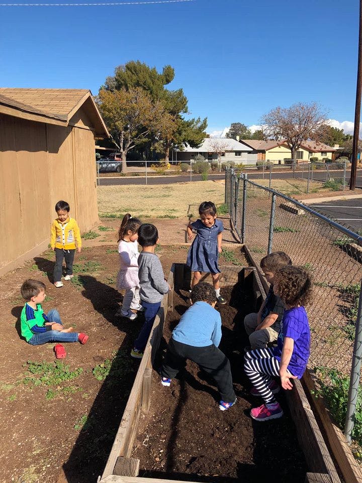 Children playing in a raised garden bed outdoors