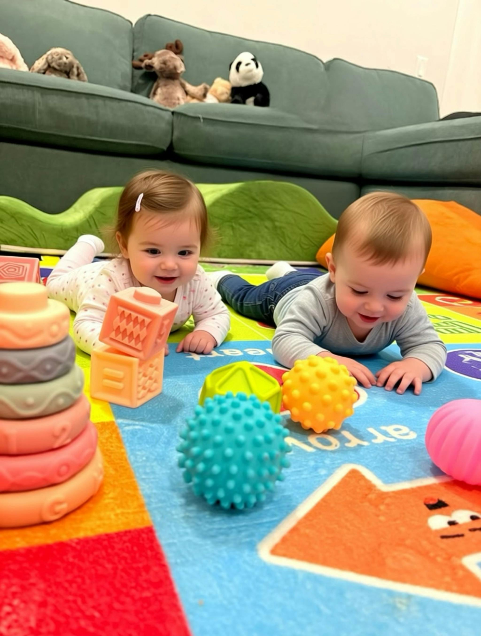 Two babies crawling on a colorful mat with toys