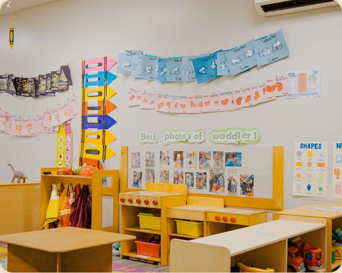 Classroom wall decorated with student art, crayon cutouts, and photos