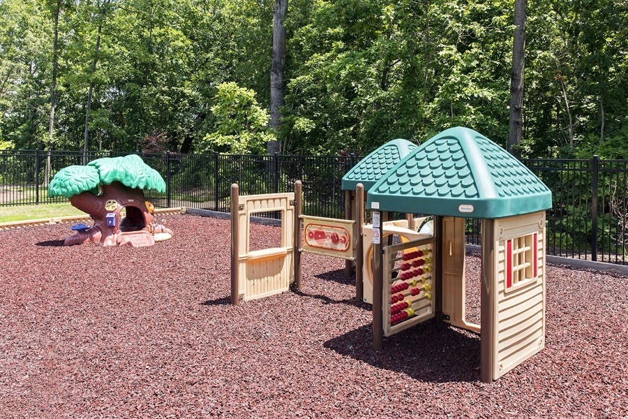 Playground with a small playhouse and a tree-shaped climbing structure