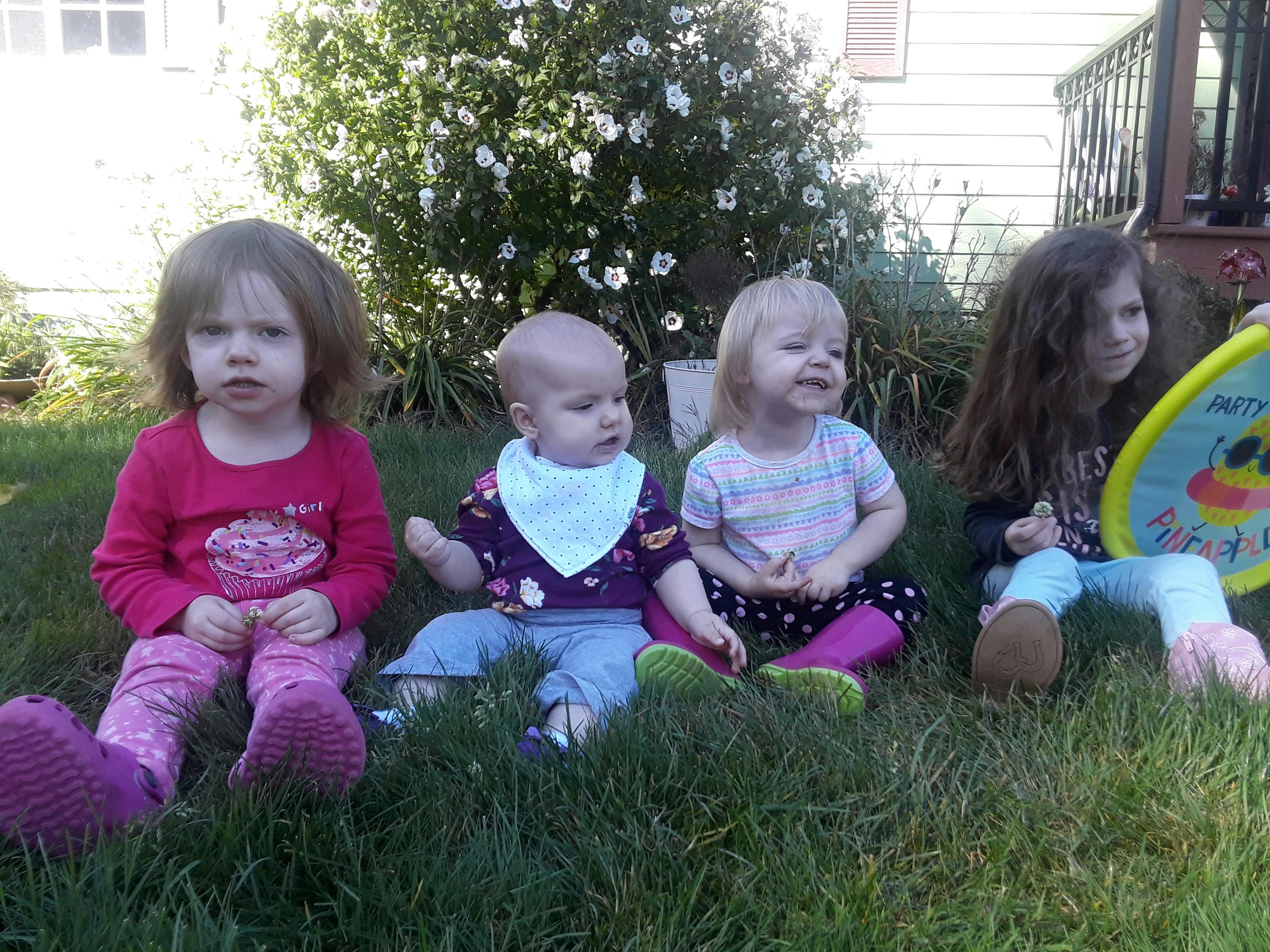 Four children sitting on grass