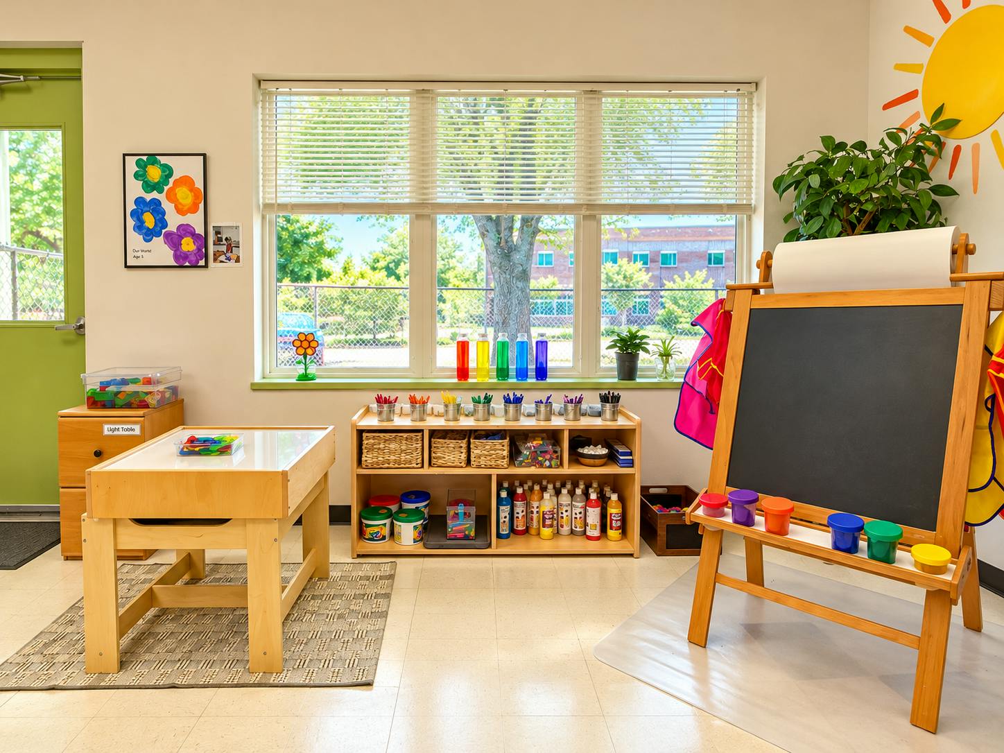 Classroom art supplies shelf with easel and light table