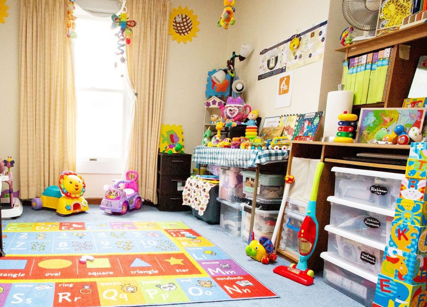 Playroom with colorful rug, toys, and storage shelves