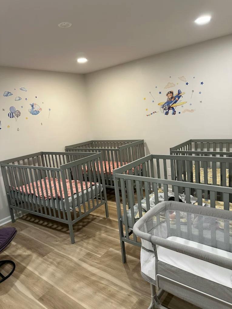 Multiple cribs and a bassinet arranged in a nursery with wall decals