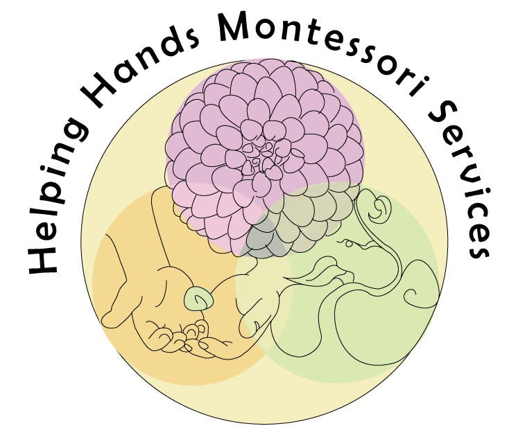 Logo with a purple flower, hands, and text "Helping Hands Montessori Services"
