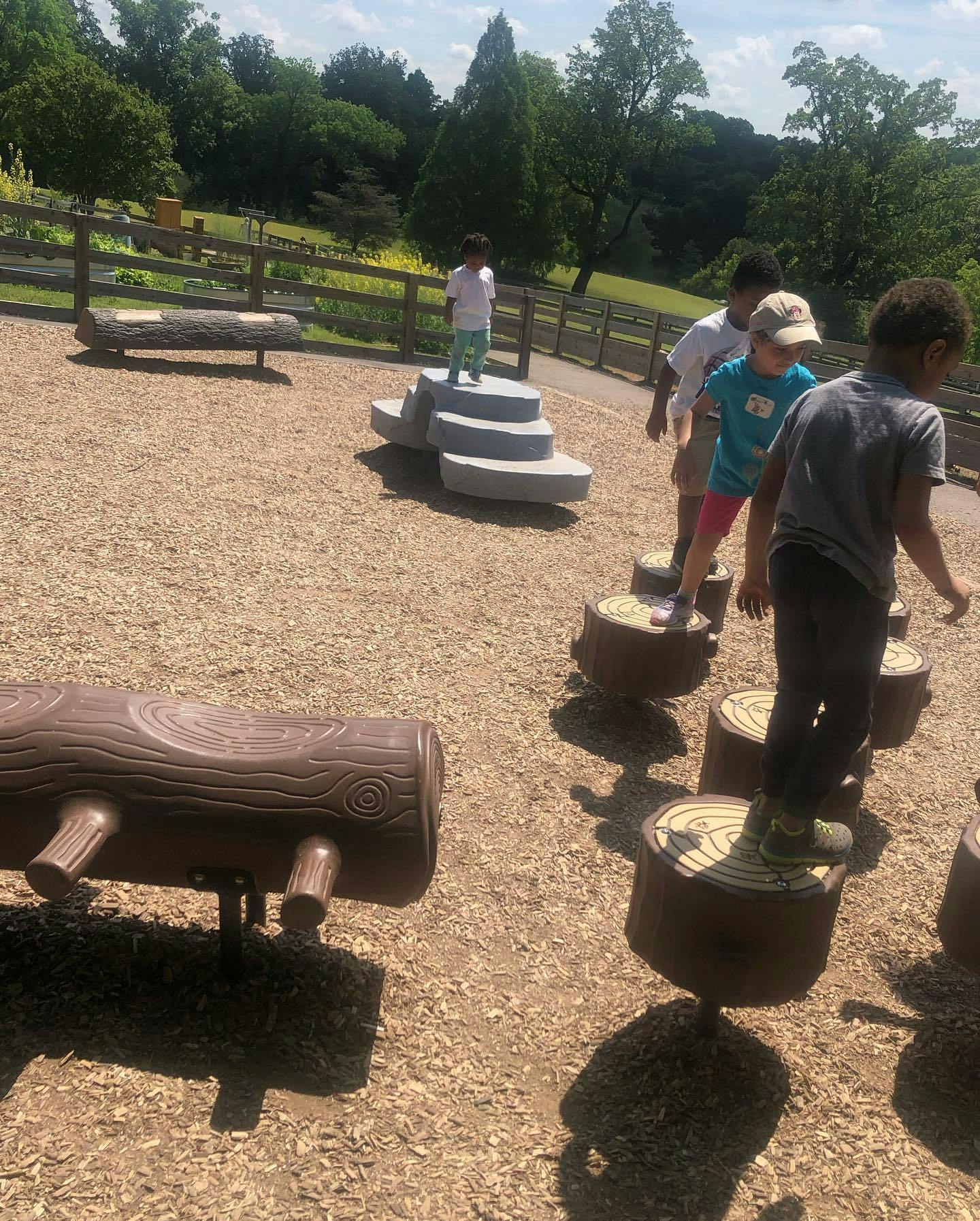 Children playing on log-shaped playground equipment