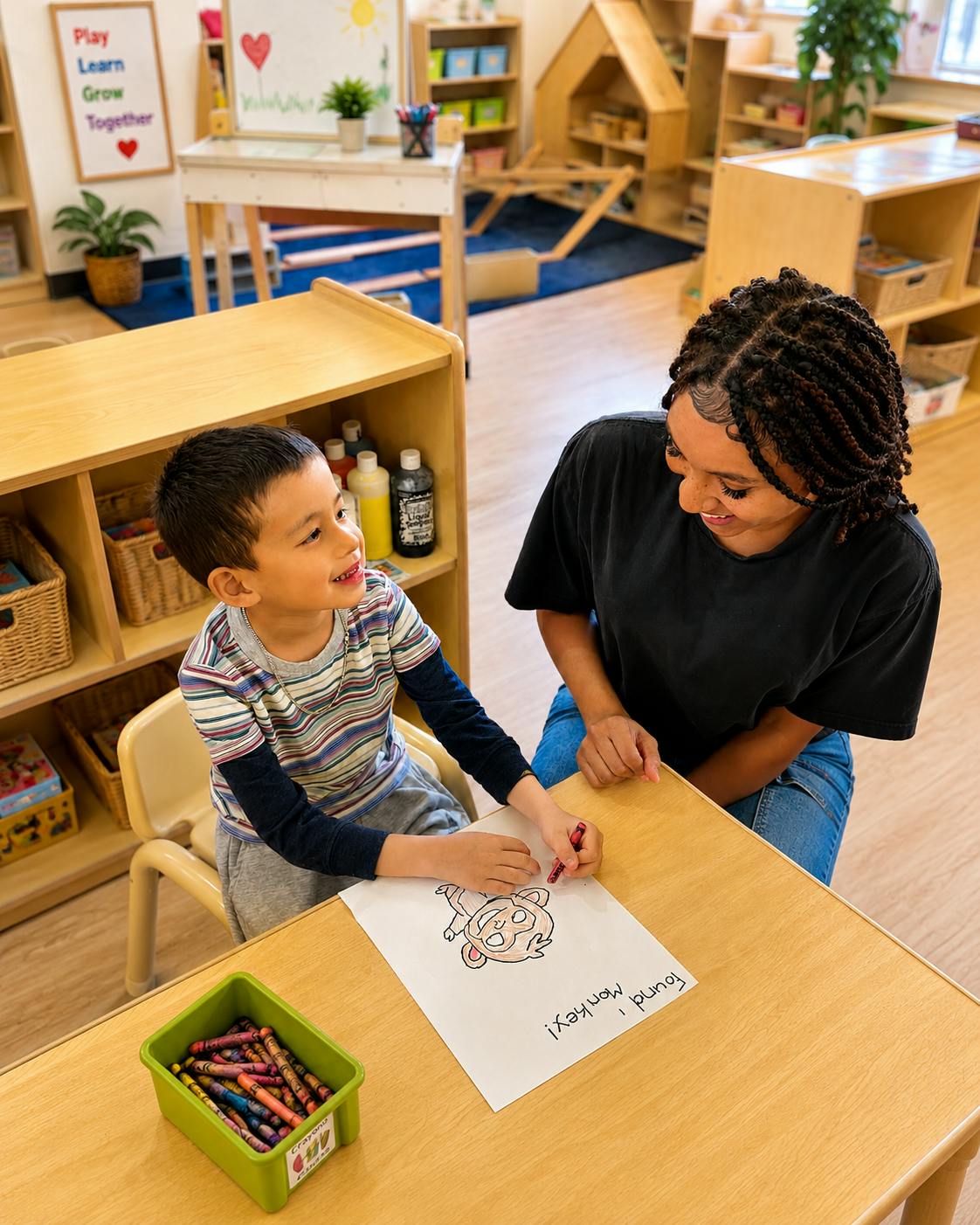A person and a child coloring together at a table in a classroom