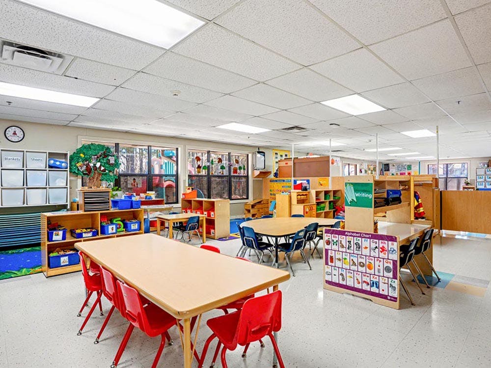 Classroom with small tables and chairs