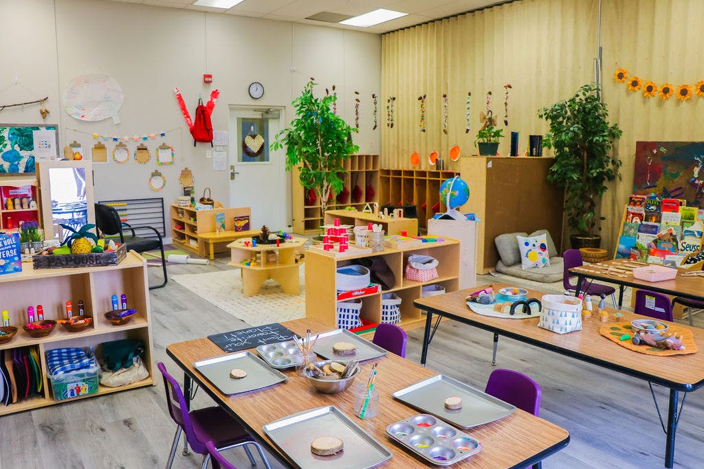 Classroom with tables, chairs, shelves, and plants