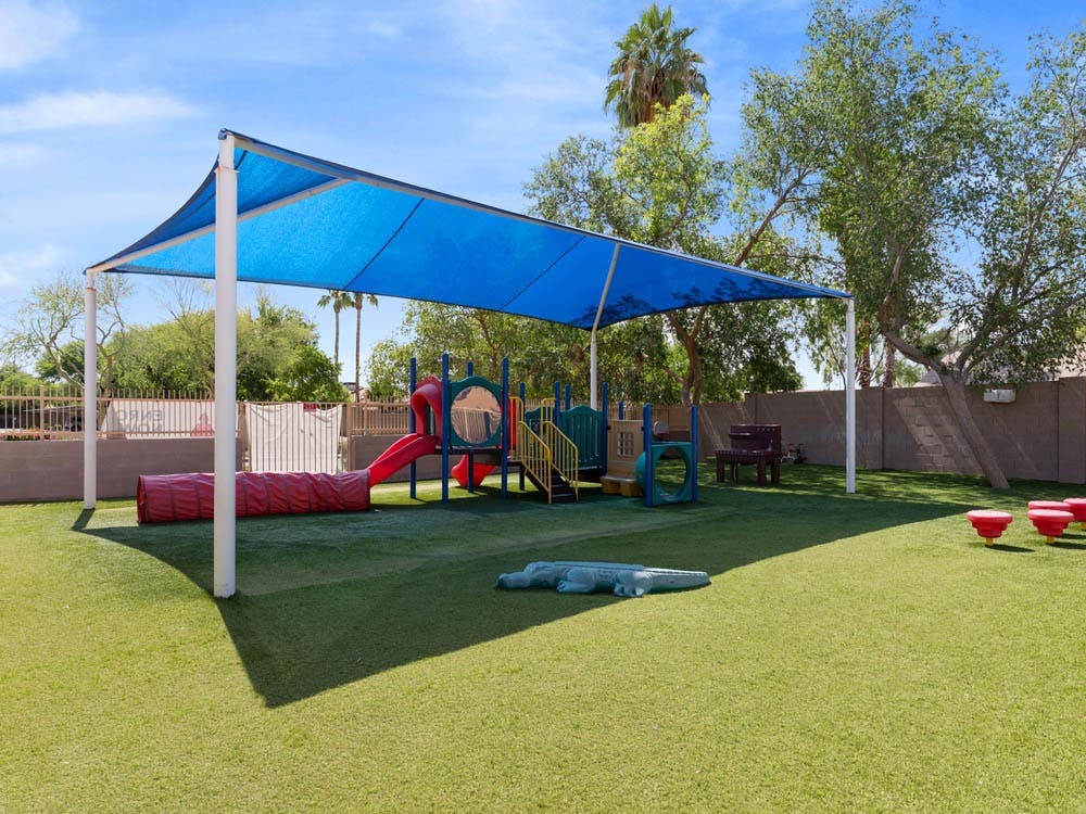 Playground with blue shade structure, slide, red tunnel, and green alligator