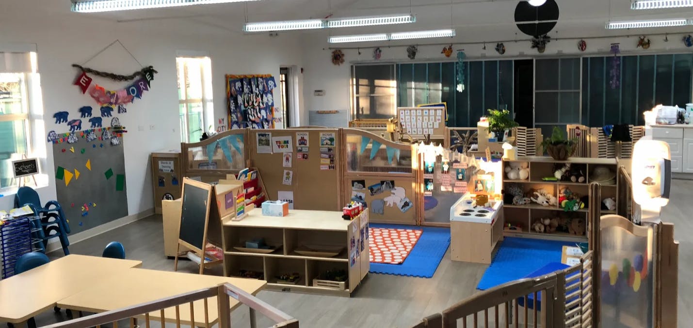 Empty classroom with various learning stations and furniture