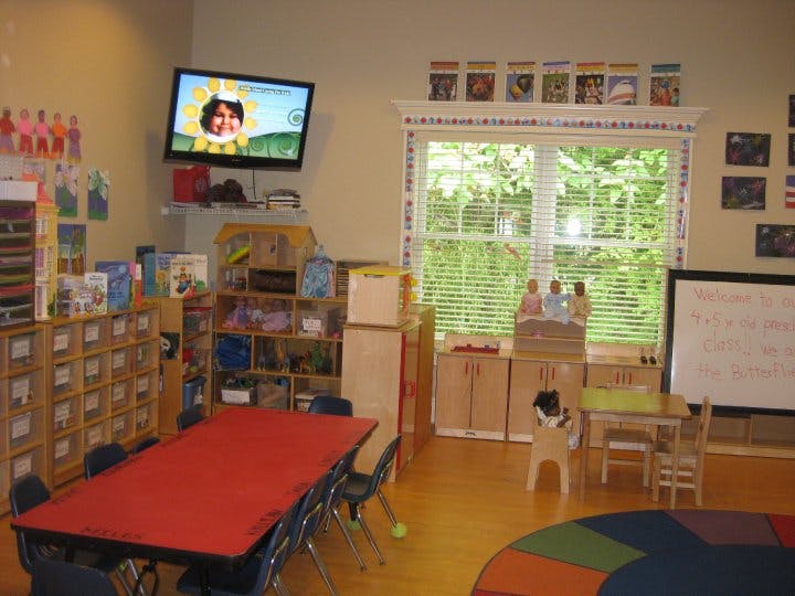 Classroom with tables, chairs, shelves, and a television