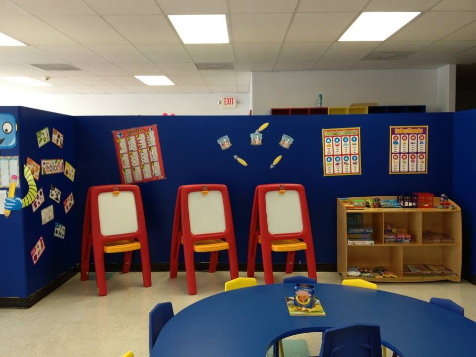 Classroom with blue walls, red easels, and a blue table